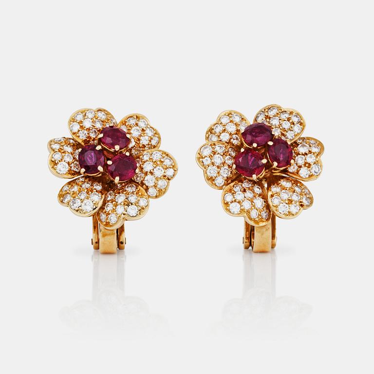 A pair of ruby and brilliant-cut diamond earrings. Total carat weight of diamonds circa 2.00 cts.