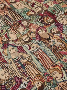 A RUG, an antique Kerman Laver figural, "the Rulers of the World", ca 234-235 x 142 cm.