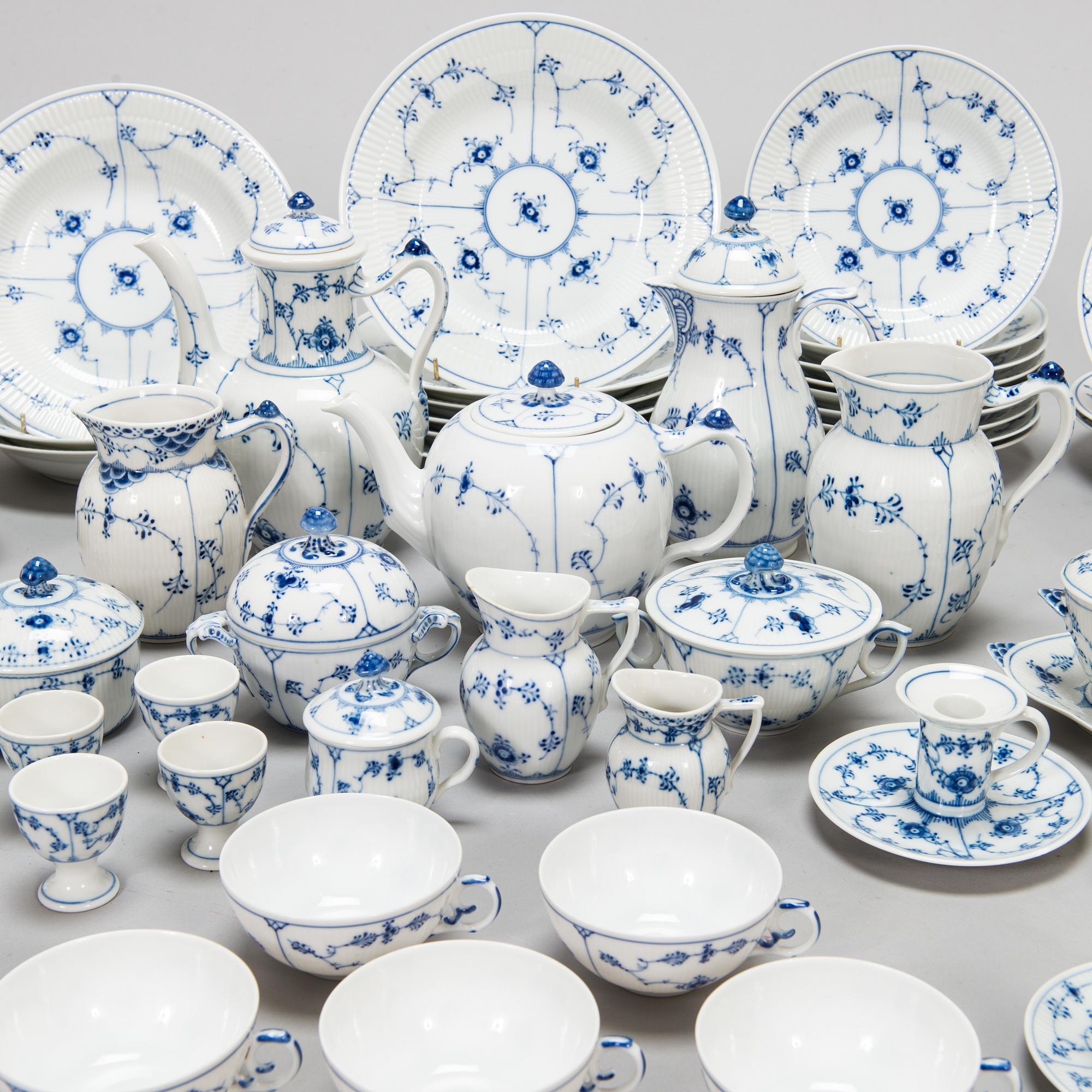 A 73-piece 'Blue Fluted Plain' porcelain tableware set, Copenhagen, Denmark, mostly 1940s-60s.