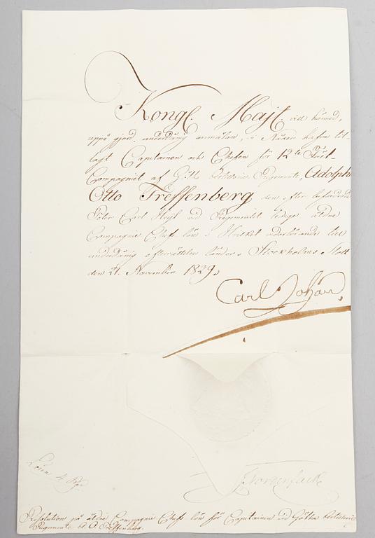 SAMLING MILITÄRA DOKUMENT, bla 3 med Carl XV signatur, 2 med Carl XIV Johans signatur och 3 med Gustaf V signatur.