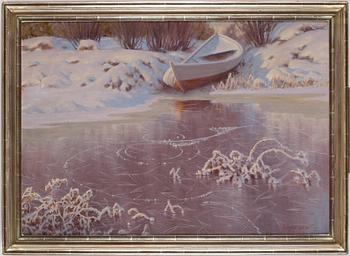 Gustaf Fjaestad, Winter landscape with frozen lake.