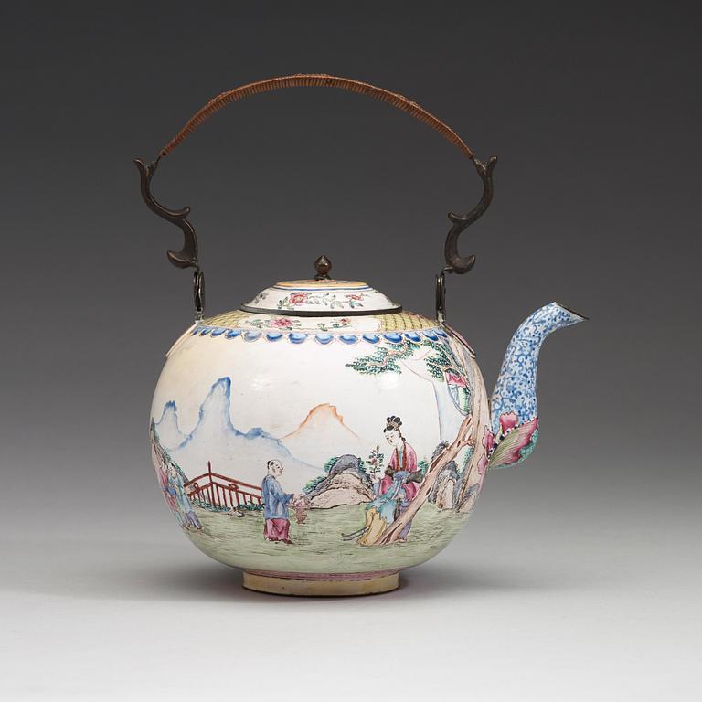 An export enamel on copper tea pot with cover, Qing dynasty, 18th Century.