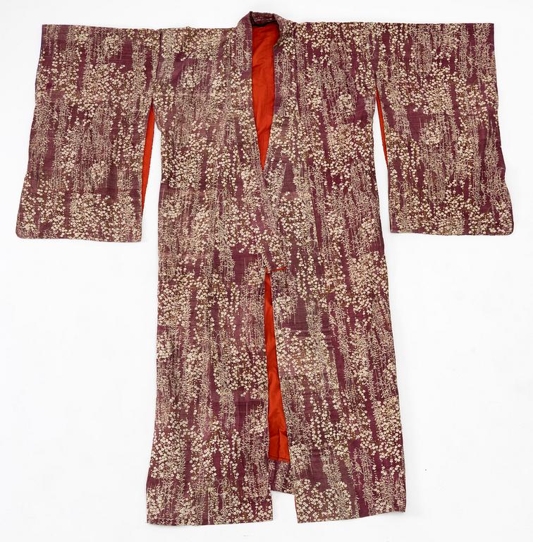 Kimono (five pieces), partially cotton, two pairs of shoes, one pair of socks, and a parasol, Japan, 20th century.