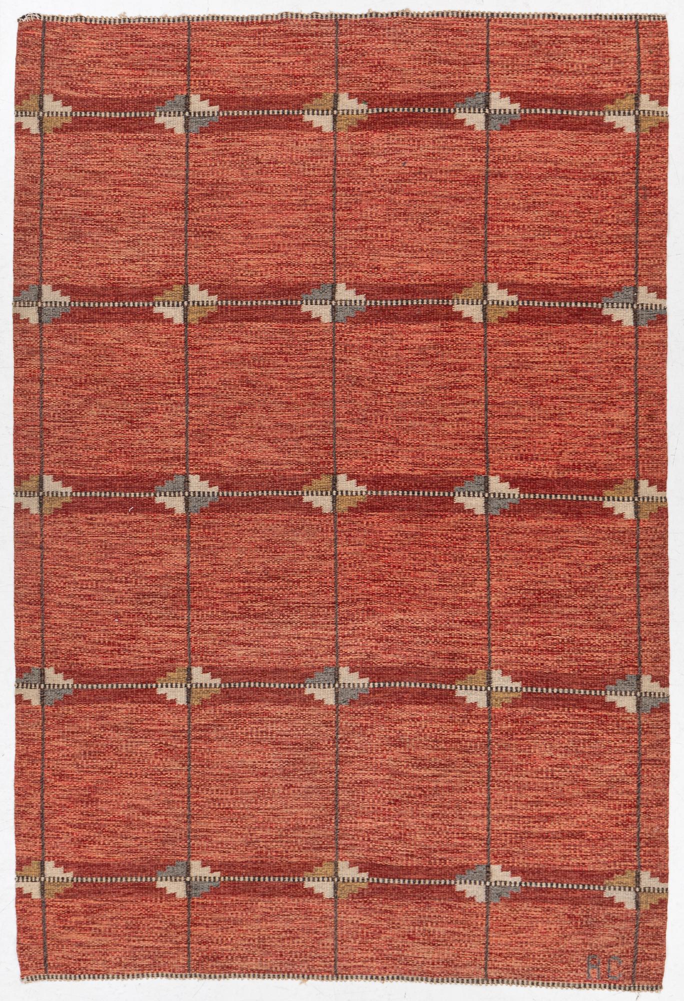 Rakel Carlander, a carpet, flat weave, c 243 x 164 cm, signed RC.