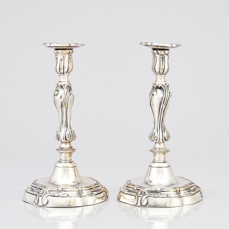 A pair of Rococo candlesticks by Stephen (Friedrich) T. Lemair, (privilge in Stockholm 1762), 1763.