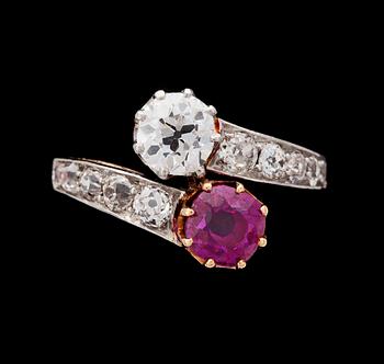 1116. A ruby and antique cut diamond ring, 1930's.