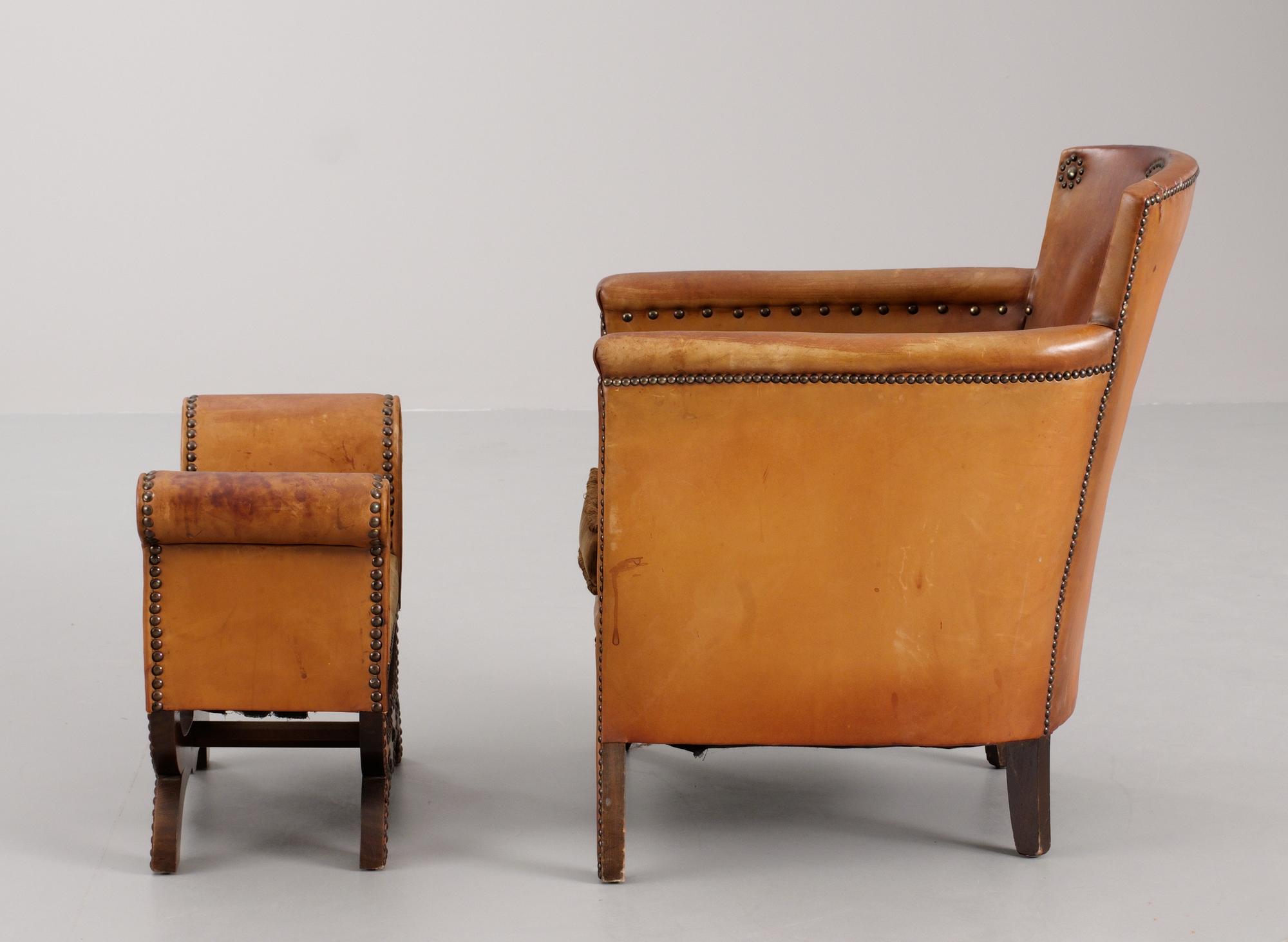 An Otto Schulz brown leather and fabric Easy Chair with Ottoman by Boet, Gothenburg 1930's.