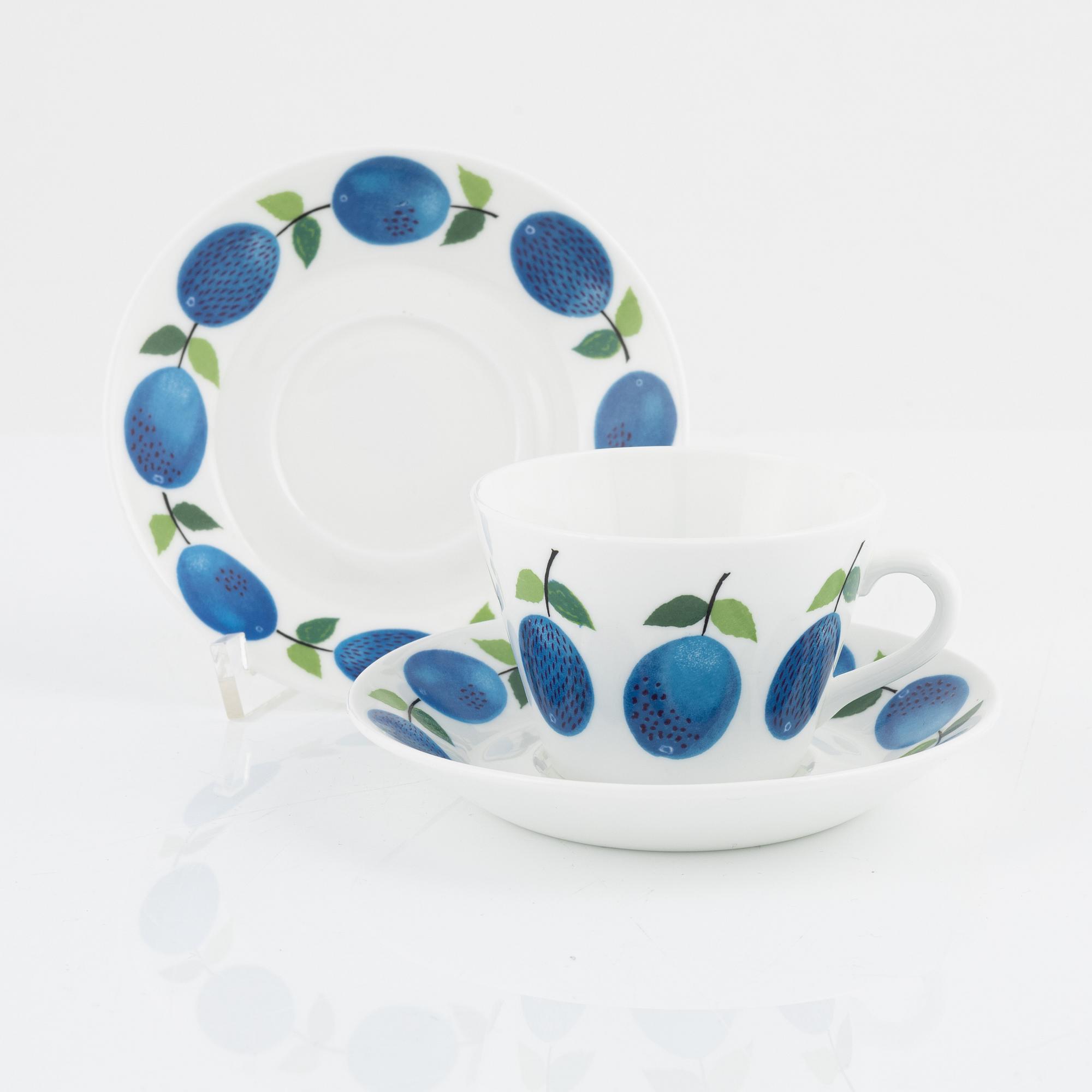 Stig Lindberg, kaffekoppar med fat, 12 st, benporslin,"Prunus", Gustavsberg.