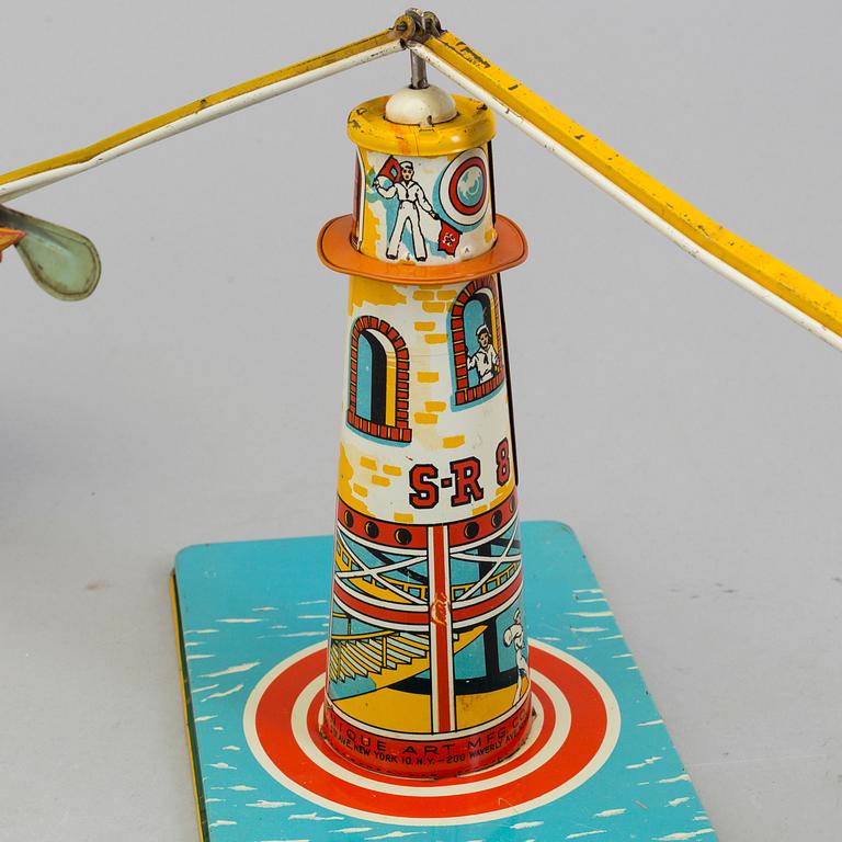 1940'S UNIQUE ART MFG. "SKY RANGERS PLANE & ZEPPELIN " TIN WIND-UP TOY.