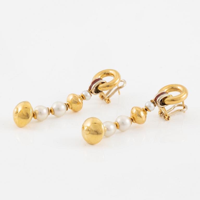 Earrings, a pair, 18K gold, enamel and cultured pearls, Italy.