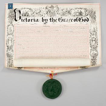 A British letter of patent with wax seal conferring upon Sir Henry Wheatley (1777-1852) the title and rank of Baronet.