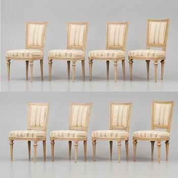 An assembled suite of eight Gustavian chairs, six of which by J. Lindgren (master 1770-1800).