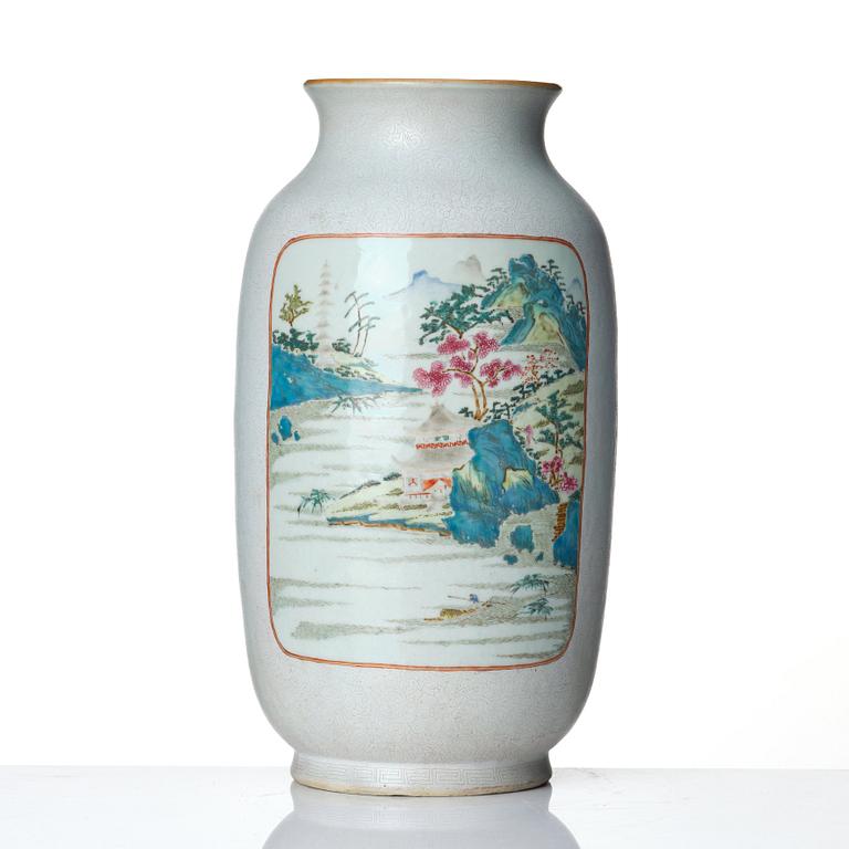 A large famille rose and scrafitto landscape vase, Qing dynasty, with Qianlong seal mark in red.