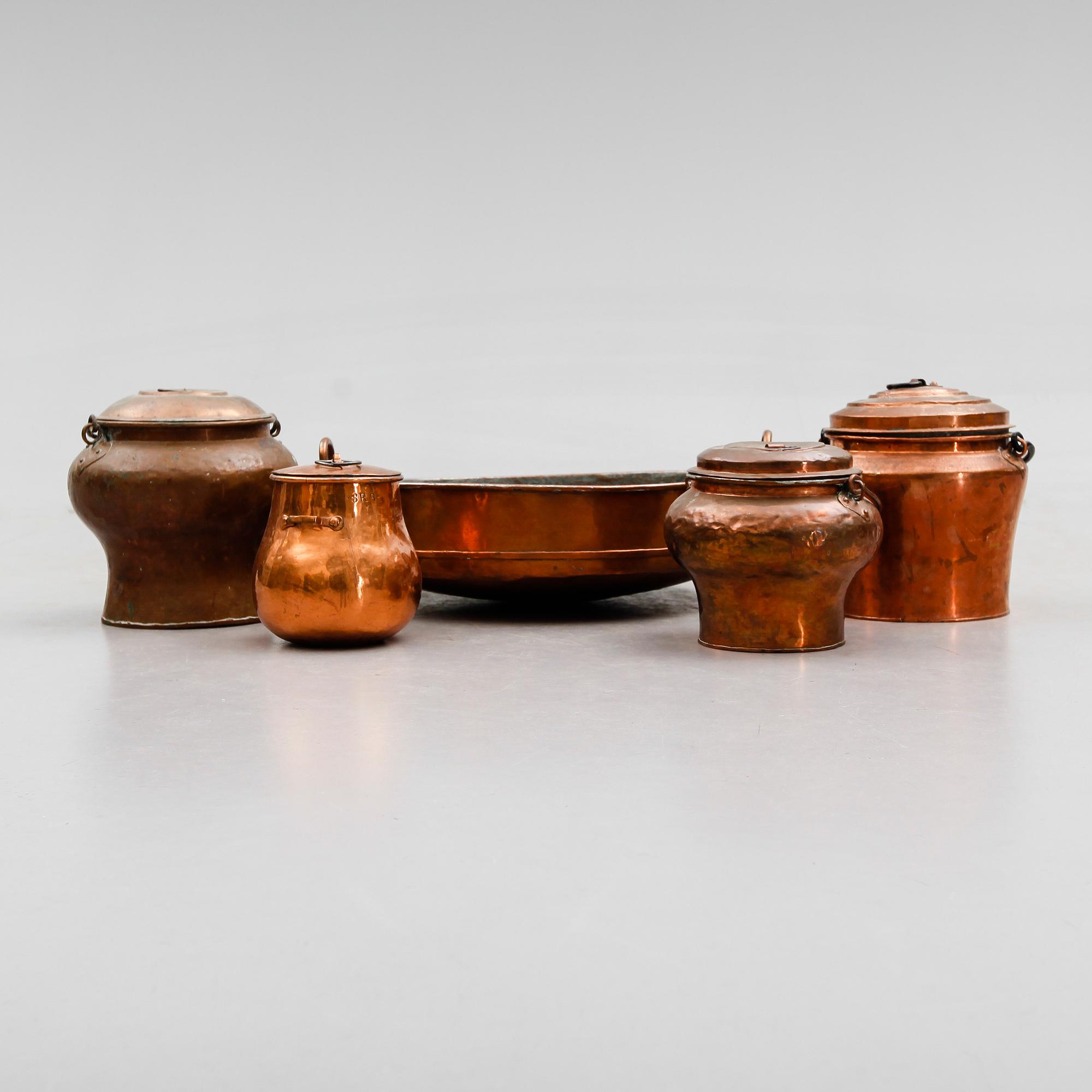 SAMLING KOPPARFÖREMÅL, 5 delar, 1800-tal.
