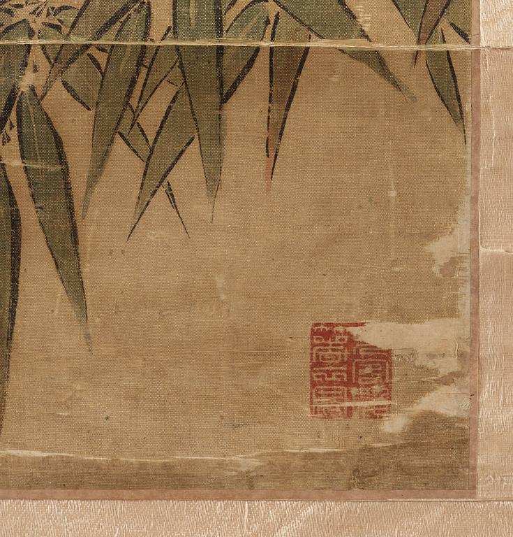 RULLMÅLNING, fåglar och blommande kamelia och prunus, sen Qingdynastin (1644-1912).