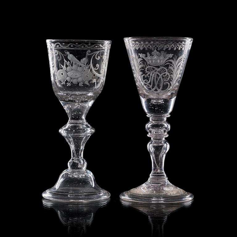 Two engraved wine glasses, 18th Century.