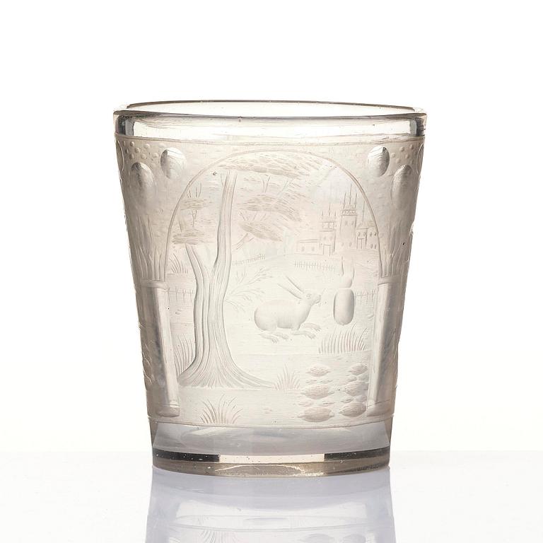 A Bohemian cut and engraved glass beaker, 18th century.