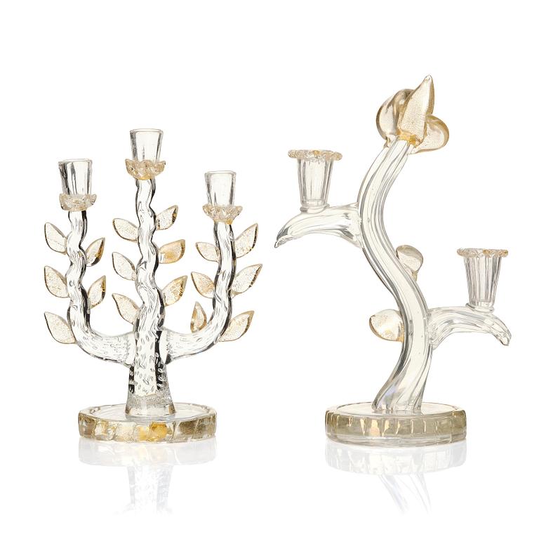 Ercole Barovier, two glass candelabra, Barovier & Toso, Murano, Italy mid 1900s.