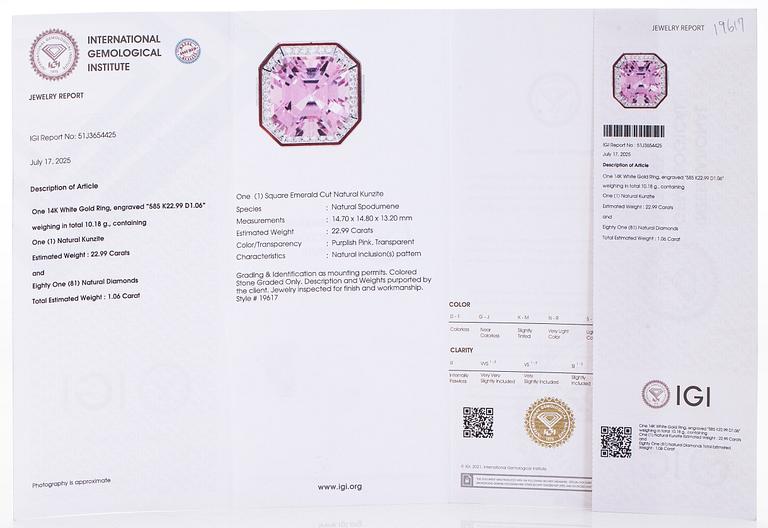 A 14K gold ring with kunzite and diamonds.