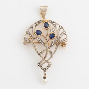 Brosch/hänge, guld med gammal-och rosenslipade diamanter, safirer och pärla.