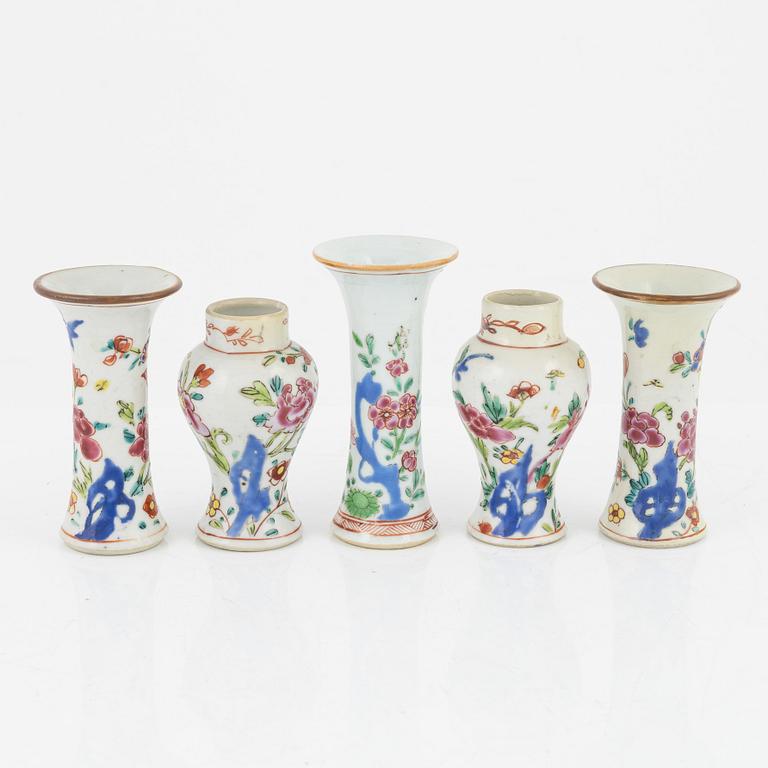 A group of five famille rose vases, Qing dynasty, 19th century.