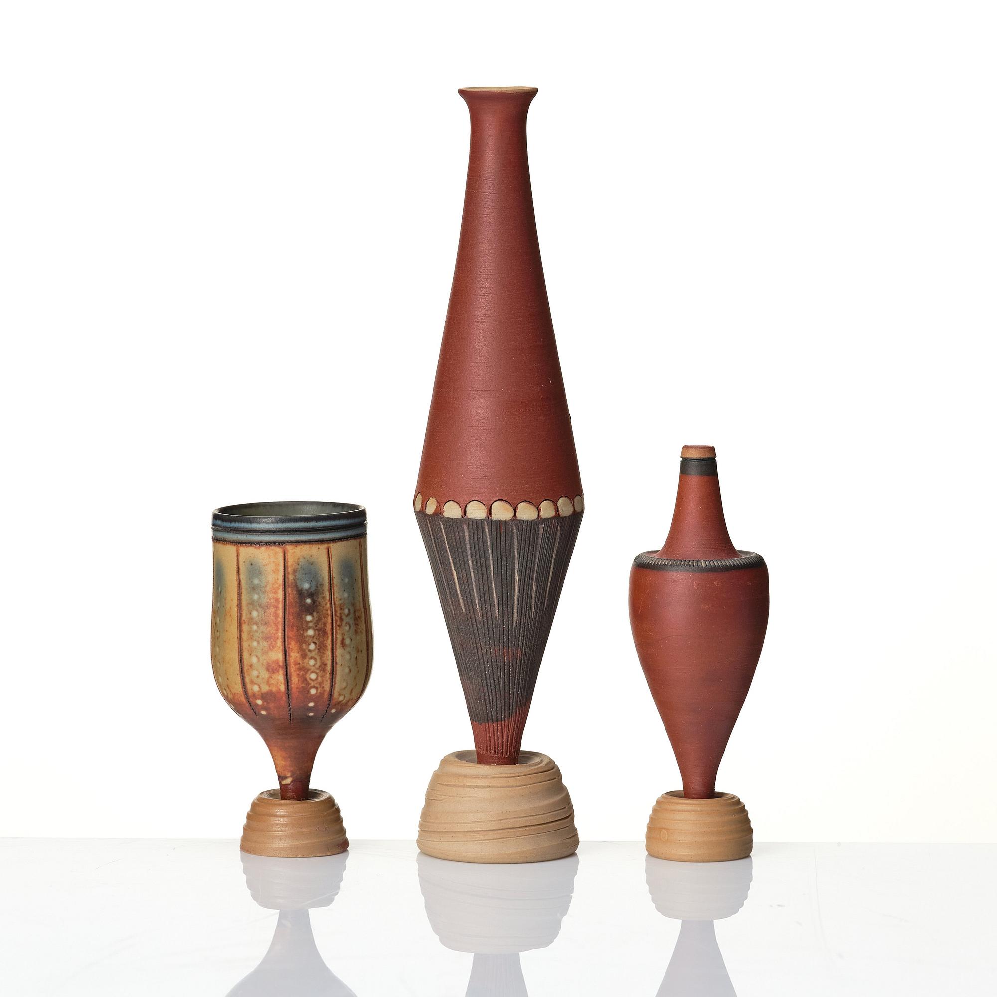 Wilhelm Kåge, a set of three miniature  'Farsta Spirea' stoneware vases, Gustavsberg studio, Sweden, one dated 1958.