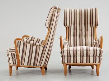 A pair of Nordiska Kompaniet armchairs, probably by Elias Svedberg, 1940's-50's.