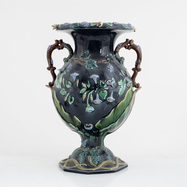 A majolica urn, Rörstrand, Sweden, late 19th century.