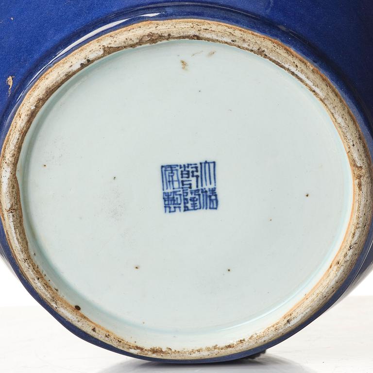 A powder blue jar with cover, Qing dynasty with Qianlong mark and of the period (1736-95).