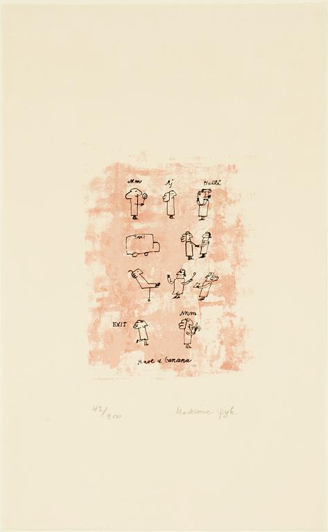 Madeleine Pyk, färglitografier, ett par, "Praktik stängd" och "Have a banana".