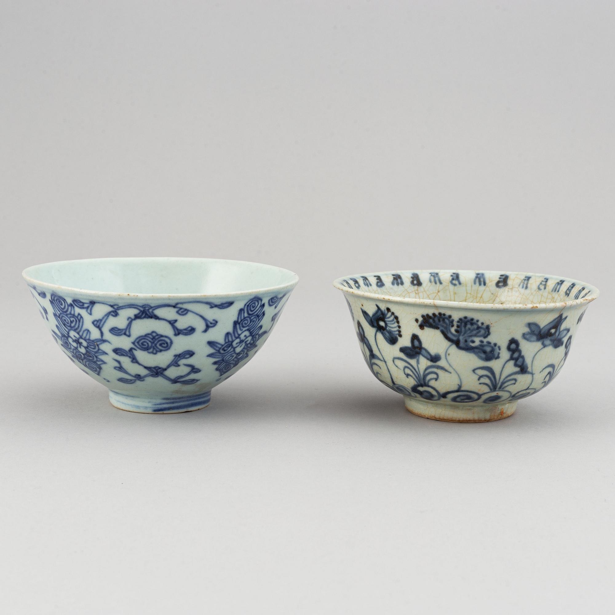 A group of 13 (11+2) blue and white bowls and dishes, Ming, Qing and, Japan, also  20th century.