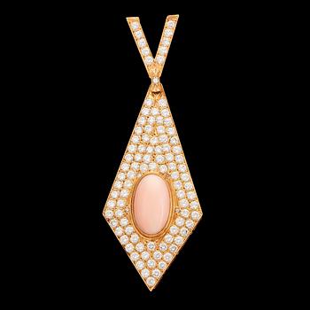 A coral and brilliant cut diamond pendant, tot. 3.80 cts. Stockholm, 1982.