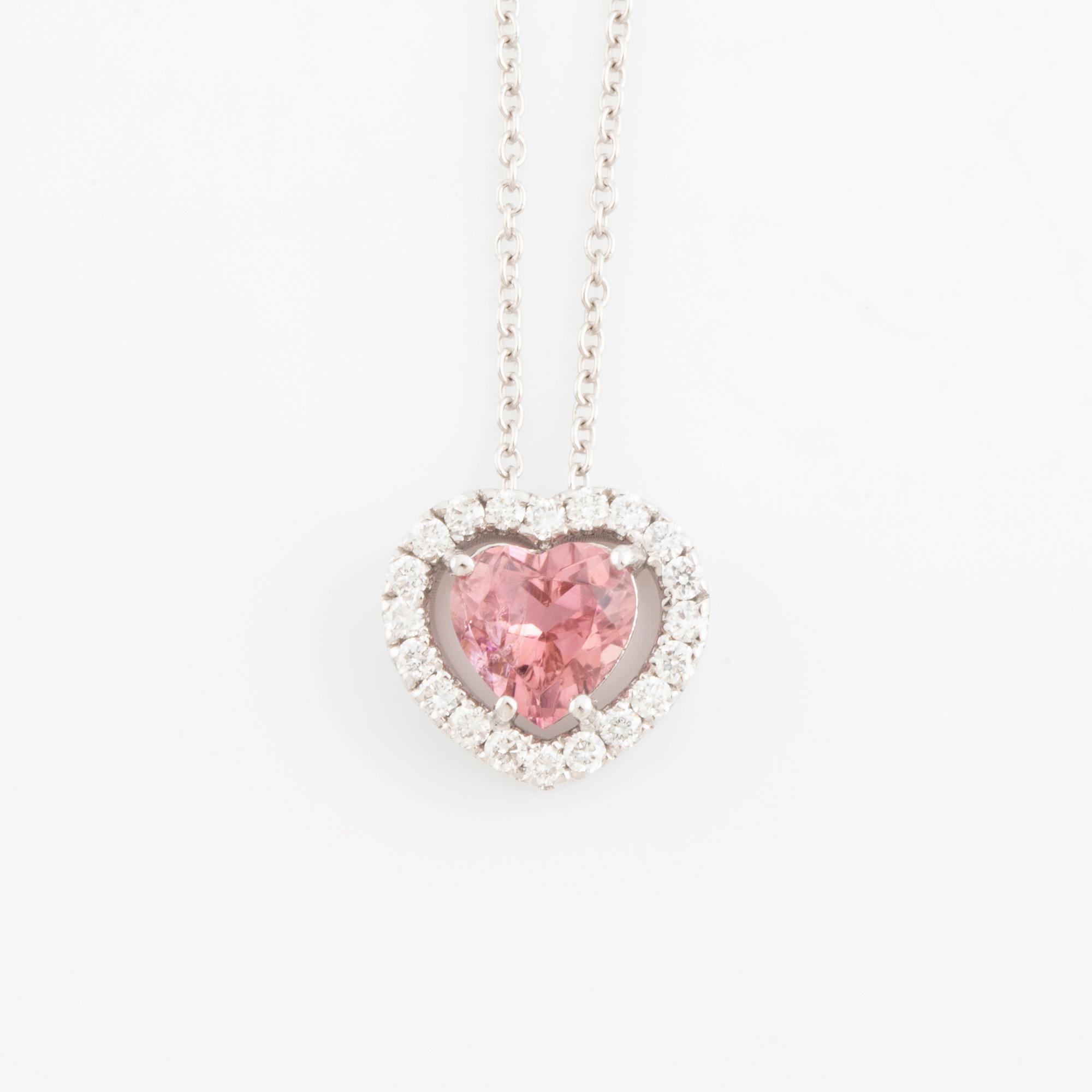 Heart shaped pink tourmaline and brilliant cut diamond necklace.