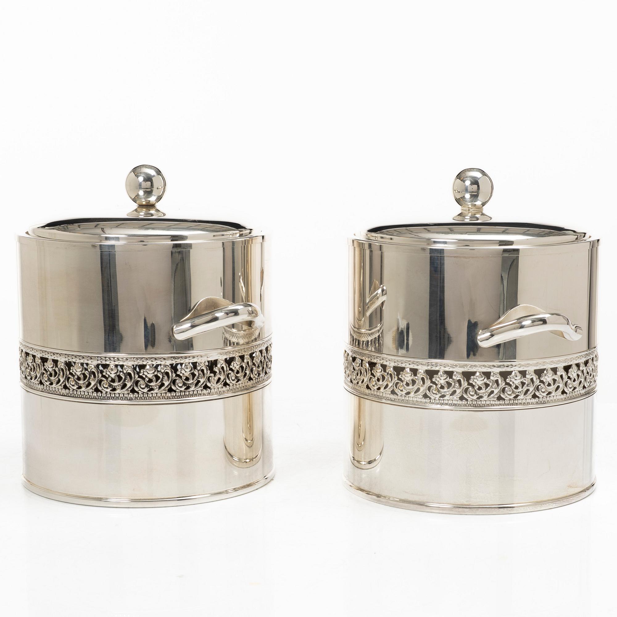 Ice buckets with lids, a pair, silver-plated, Mazzucconi Firenze, Italy.
