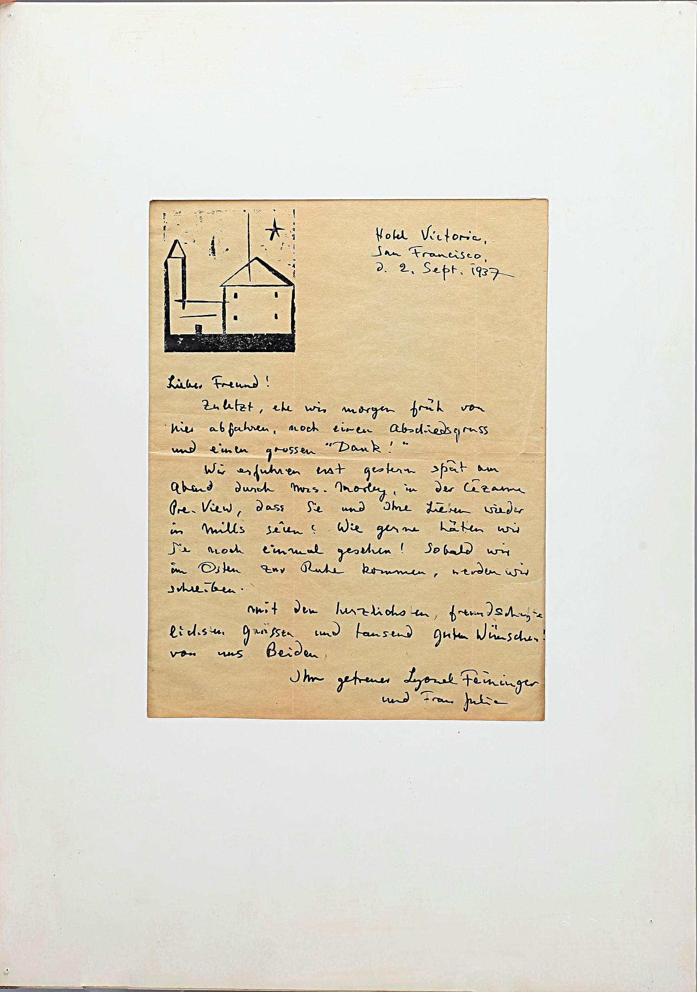 LYONEL FEININGER, träsnitt på handskrivet brev, sign o dat San Francisco 2 sept 1937.