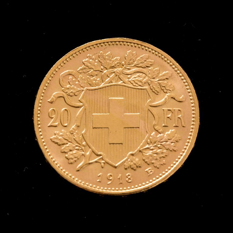 GULDMYNT, 20 francs, Helvetia. 1913. Vikt ca 6,5 g.