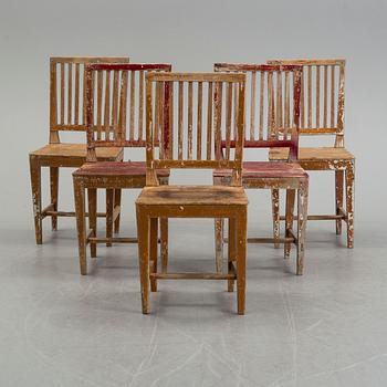 Five painted pine chairs, 19th Century.