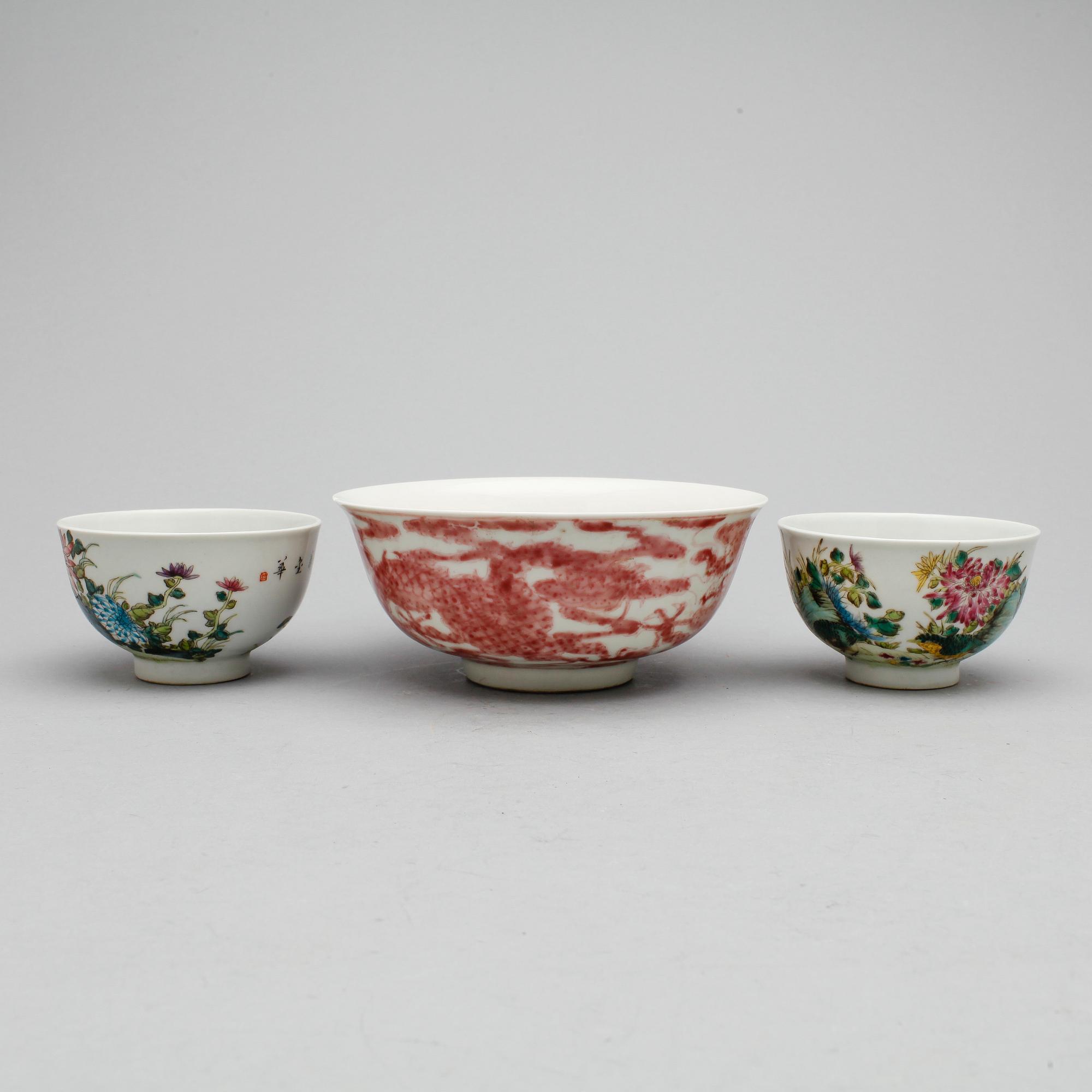 PARTI SKÅLAR, 3st, Kina, sent 1800-tal resp. modern tillverkning.