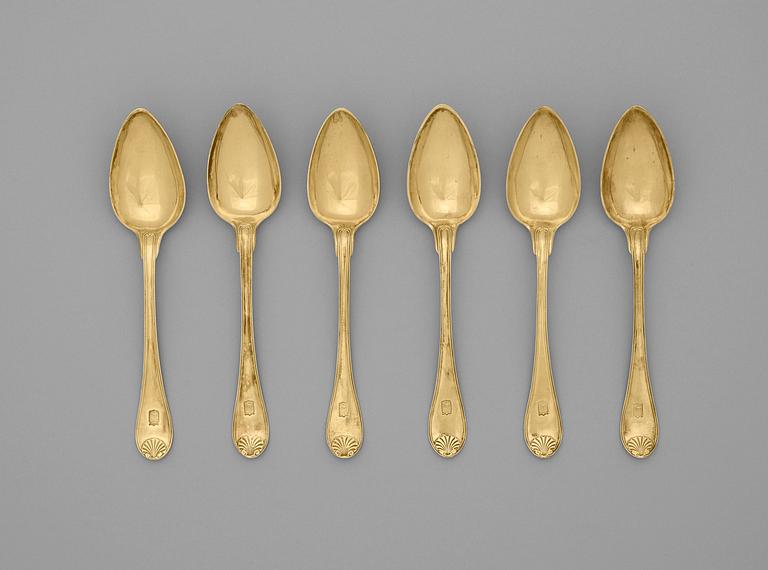 A set of six Swedish silver-gilt dessert spoons, marks of Johan Petter Grönvall, Stockholm 1821-1827.