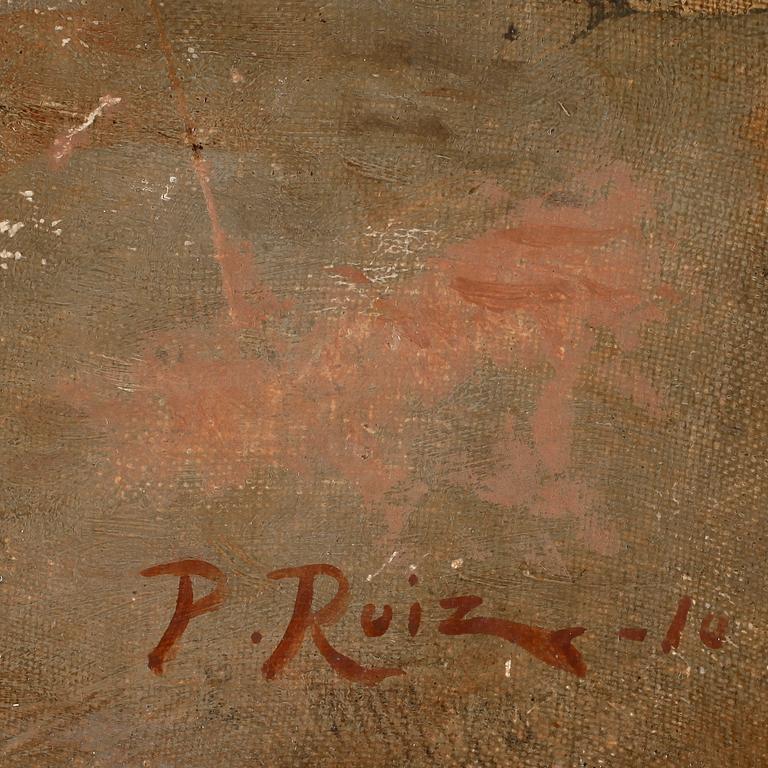 OKÄND KONSTNÄR, olja på duk uppfäst på pannå, sign o dat P. Ruiz 1910.