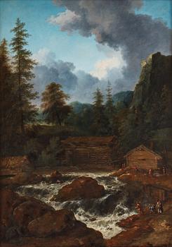 877. Allaert van Everdingen Attributed to, Landscape with figures beside a waterfall.
