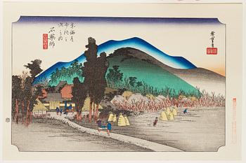 ANDO HIROSHIGE, senare avdrag, mapp, "The fifty-three stations on the tokaido", utgiven av Kata Hanga Kenkyujo.