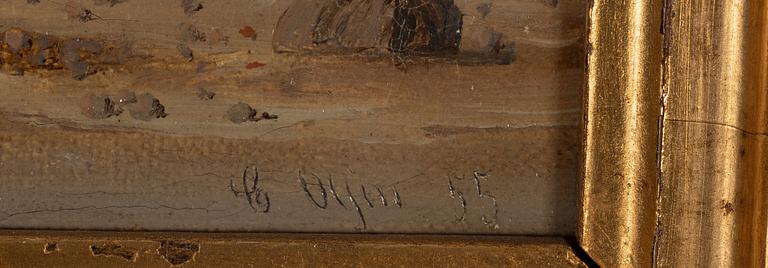 Carl Julius Emil Olsen, Coastal Scene with a Jetty and Boats in Calm Water.