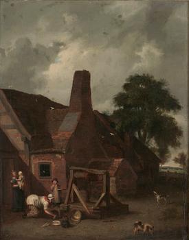 51. William Mulready Tillskriven, Gårdsexteriör med figurer och kreatur.