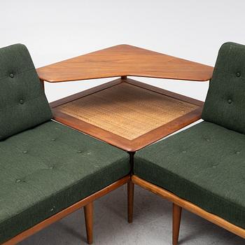 Peter Hvidt & Orla Mølgaard  Nielsen, a three piece 'Minerva' sofa group with table, FRance & Son, Denmark, 1960's.