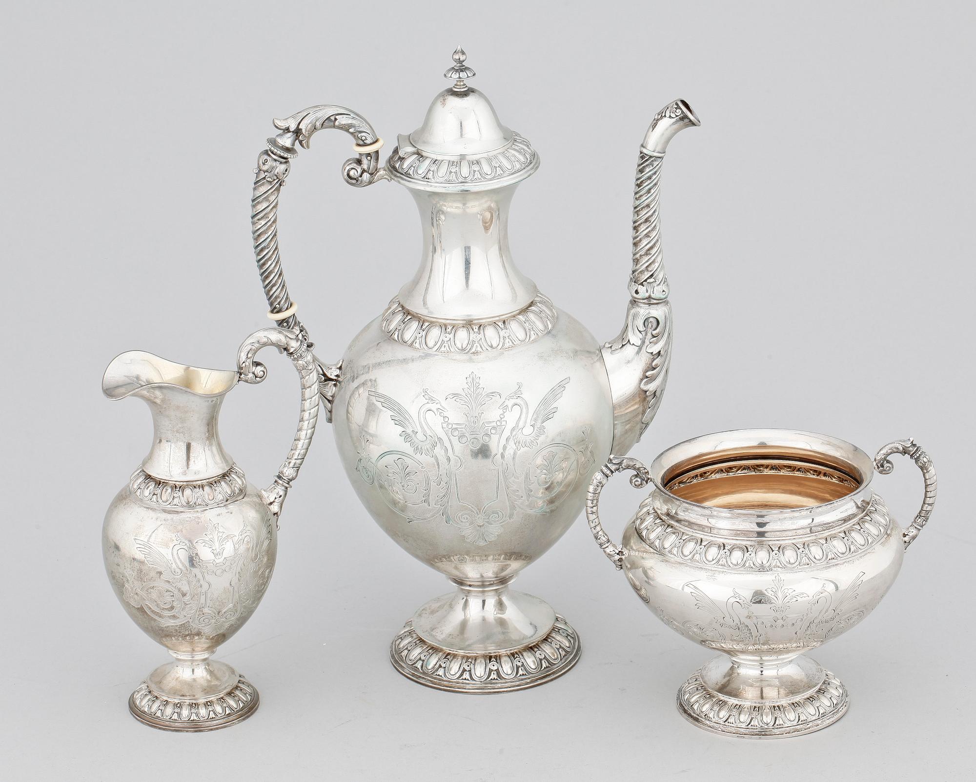 KAFFESERVIS, 3 delar, silver, nyrenässans, GAB, Stockholm 1895. Totalvikt ca 900 gram.