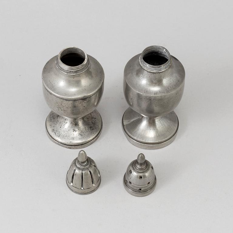 TWO 18TH CENTURY PEWTER SHAKERS.