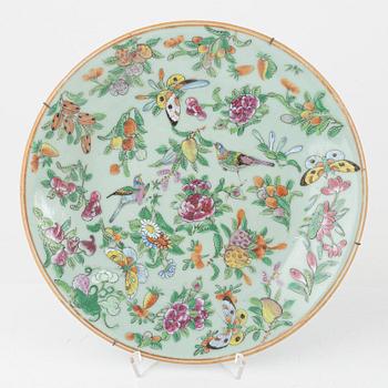 A Kanton porcelain dish and two porcelain plates, China, 19th century.