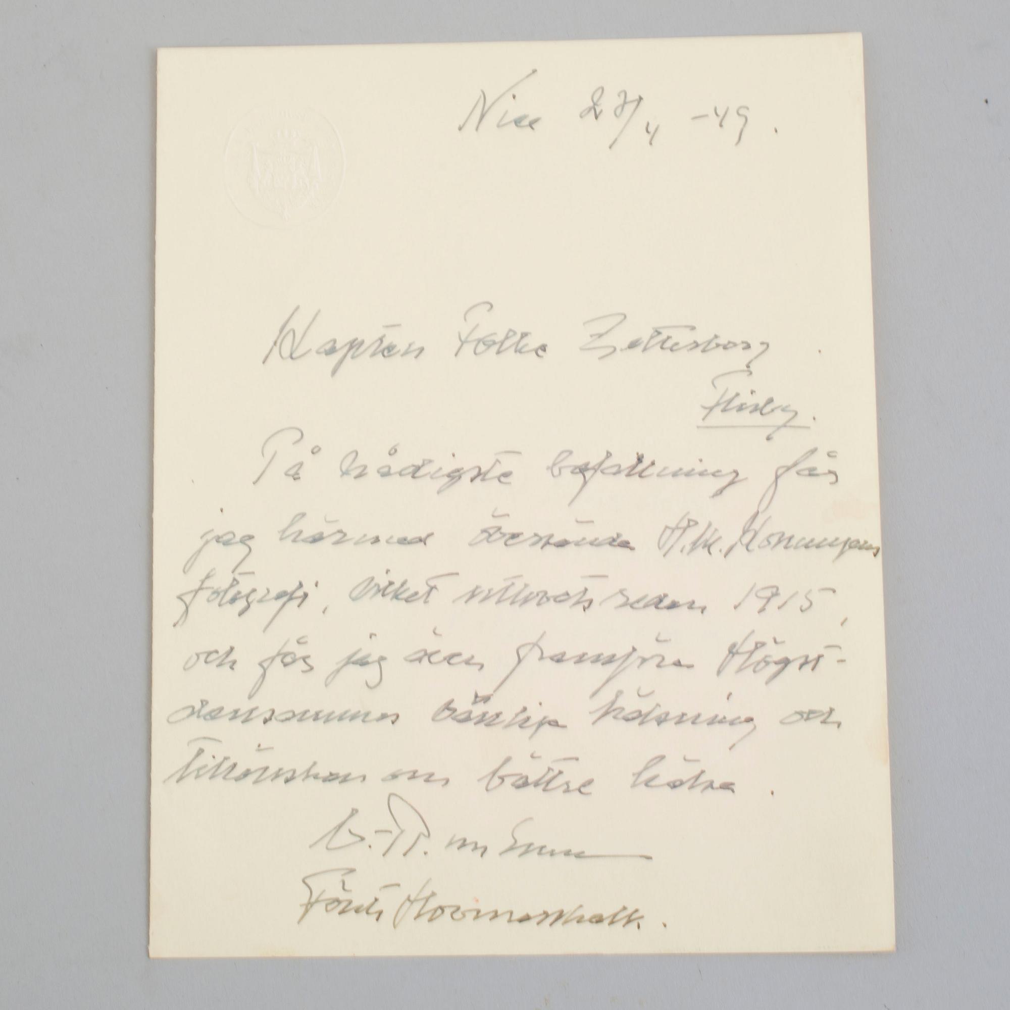 A signed photograph of King Gustav V of Sweden, dated 1949, in silver frame.