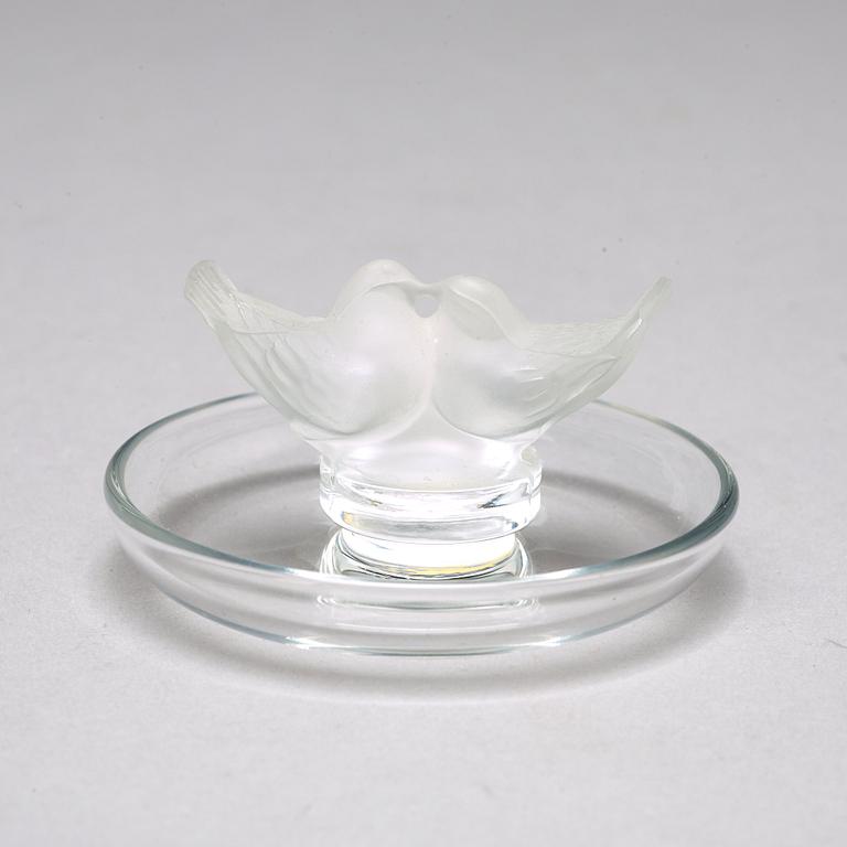 RENE LALIQUE, a cast glass box "Dahlia" and a dish "Deux Colombes", France, post 1951.